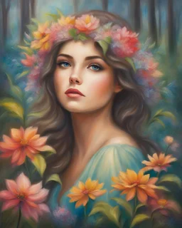 Oil pastel painting of a beautiful girl, fantasy, dream, forest, glitter background, beautiful, oil pastel painting, fantasy art, fairy, young girl, beautiful portrait painting, flowers, colorful, inspired by Thomas Kinkade, fine art, 8k