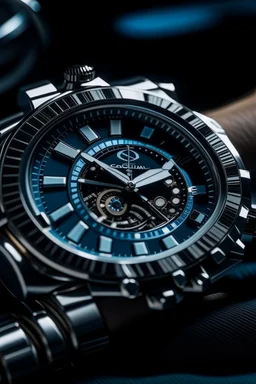 Generate an image of someone wearing the Cartier Diver watch in a professional environment, with a stable.cog in the background, reflecting a balance between work and style.