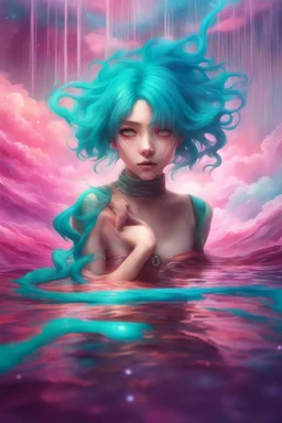 A stunning Anime girl suspended in a kaleidoscope of colors, captured in a photorealistic, cinematic photograph, as if plucked from a dream sequence. Her vibrant turquoise hair flows like a river, contrasting with the muted, earthy tones of her skin, set against a gradient of iridescent pinks and purples, evoking a sense of ethereal mysticism. Soft, cinematic film grain textures the image, infusing it with a sense of nostalgic warmth, as if lit by the flickering lights of a vintage cinema.