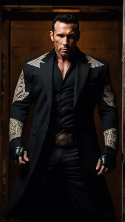 Jason David Frank as a Very muscular alpha male with short hair and tribal tattoos wearing a black designer suit , standing in a doorway