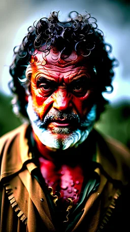 full figure photography of a serious wet dirty muscular ugly chubby sweaty 63 years old strong sardinian shepherd sitting under the rain , bulge, manly chest, beard, curly hairs, photorealistic, 4k, misery, poverty, emotive eyes, low dim side lights