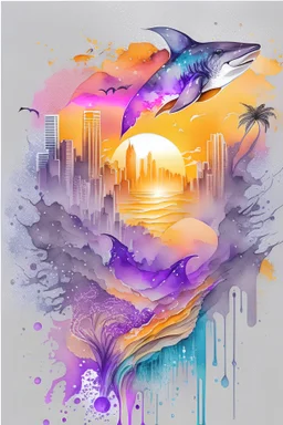 2:3 Full size, watercolor on transparent background paper, chromatic, zoom, sharp, splash of colors on a white background, a detailed golden purple sunset fire style, detailed shark, owl, Miami Beach with light blue water, Mountains, graffiti elements, powerful zen composition, dripping technique, & the artist has used bright, clean elegant, with blunt brown, 4k, detailed –n 9, ink flourishes, liquid fire, clean white background, zoom in, close-up,