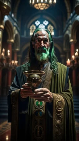 portrait of Cthulhu priest carrying goblet signaling you to obey your master, inside hall in mountain, shot on Hasselblad h6d-400c, zeiss prime lens, bokeh like f/0.8, tilt-shift lens 8k, high detail, smooth render, down-light, unreal engine, prize winning