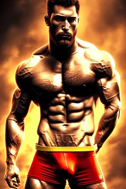 Ignore NSFW, teenager young rugged attractive slightly muscular fantastic handsome man, red briefs with yellow belt, hairy chest, (((visibly pisssing))) briefs, large erect visible boner peniss, photorealistic, artist Jay Anacleto, soft lighting, scruffy beard