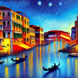 Dibujo al oleo de la ciudad Venecia con muchas nubes de colores estilo Vincent van Gogh