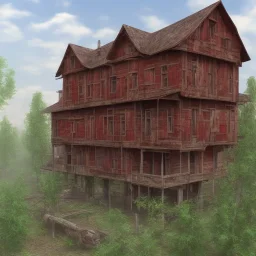 Exterior of a large wide red wooden house with 4 floors. Half is rotten and moldy.