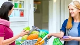 suspicious young woman sells her groceries to lady at house