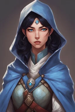 dungeons and dragons; portrait; solid background; yuan-ti; female; ranger; cloak; mischief; black hair; blue eyes; vertical pupils; blue snake scales on cheek