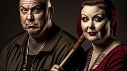 realistic, personality: [Capture a close-up shot of 2 female midaged english chubby extreme tatoed punkers, with baseball bats chasign a creepy man in a brown parkacoat