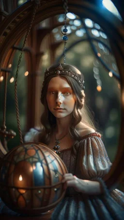 face portrait of medieval princess on a swing inside a boat crystal ball hanging from a tree in the mountain, in the style for Richard and Wendy Pini , shot on Hasselblad h6d-400c, zeiss prime lens, bokeh like f/0.8, tilt-shift lens 8k, high detail, smooth render, down-light, unreal engine, prize winning