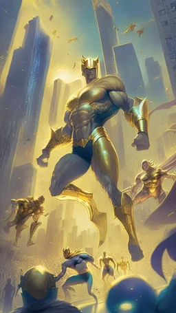 hero with golden spandex fighting a horde of aliens, city in the background