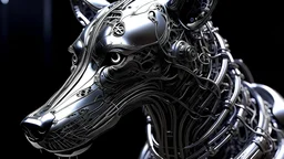 dark portrait of a detailed chrome cyber dog with jewellery on a low gravity world. alien mega structures everywhere. futuristic. photoreal
