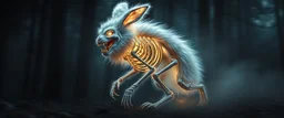 radiant werewolf rabbit thick Skeleton with lotsa fluffy fur, motion blur background dark forest