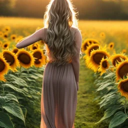 woman, back view, long brown dress, blond hair, sunflower field, sunset