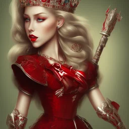 a full body portrait of beautiful queen, has pale blonde hair and green eyes, red lips, wearing red dress