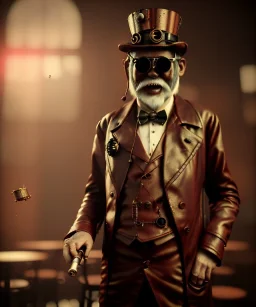 steampunk, cabaret scene. old man. little monkey, Sunglasses, rain, smoking, happy, hot. people background, highly detailed, concept art, unreal engine 5, god rays, ray tracing, RTX, lumen lighting, ultra detail, volumetric lighting, 3d, finely drawn, high definition, high resolution.