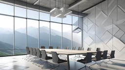 Corner of monumental meeting room with geometric wall pattern, concrete floor and long conference table with gray chairs. Panoramic window with blurry mountain view. 3d rendering