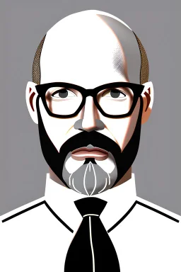 black and white,real estate agent,bald male with grey beard,55 years old,metal frame glasses,, necktie,portly,detailed drawing,white background