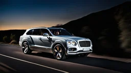 A sleek white shiny (((SUV Bentley))), its contours and details perfectly captured in a (((cinematic view))), zipping along a winding road under a beautiful blue black night sky