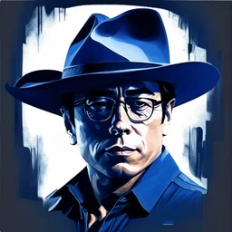 Gustavo Petro, comic style artwork, dark blue, wearing a wide-brimmed hat, wearing a white shirt, serious and thoughtful