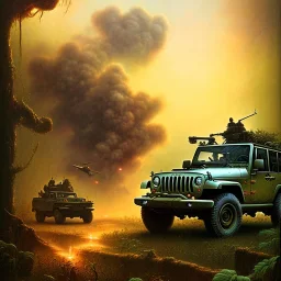 vietnam war. war report. jeep in jungle. poster. bokeh. lens flare. warm lights. high detailed. beksinski