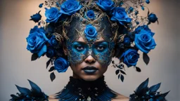 Beautiful vantawhite young faced girl adorned with glittering black colour bioluminescense blue gradient full bloomed rose blosooms voidcore shamanism headdress wearing metallic voidcore filigree black glittering botanical embossed costume armour bioluminescence blue gold and black wearing baroque style half face masque organic bio spinal ribbed detail of voudore decadent vantablack rainy gothica background extremely detailed hyperrealistic maximálist concept portrait art