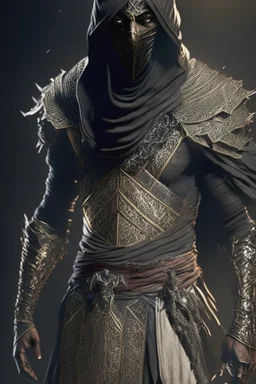 Iconic Arabian assassin, armor, full body, dark, stunning portrait, dynamic shot, vivid, legs, full face, cinematic atmosphere, immersive, Groundbreaking, Epitome of Concept Art, Material-Based Rendering, Dynamic Angles, Complex Textures, Subsurface Dispersion, Timeless Masterpiece, AI-Enhanced, GAN, Ray Tracing, Depth of Field