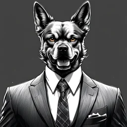 Illustrative sketch of a image of an angry humanoid dog, suit and tie, arte lineal ultra quality, 8k