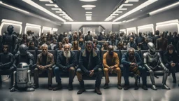 photo from the futuristic waiting room of a studio, a large crowd waits in a giant room. the aliens mutant humans, strange fantastical creatures, droids, and a few human-like beings of all sizes, colors, shaped and looks, stand in the crowd. high detalied, sharp focus, photorealistic, sci-fi style Professional photography, bokeh, natural lighting, canon lens, shot on dslr 64 megapixels , hd