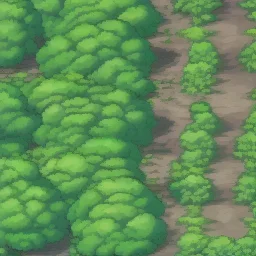 dirt road in the middle of a forest and round same size trees pokemon gameboy game style