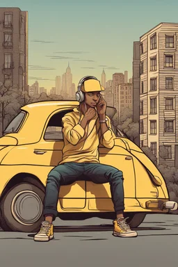 Full body illustration of a young man pensive while listening to music with headphones by a yellow car on the west coast of the United States. In the background is a distant cityscape and an old apartment building. The city is illuminated by the sunset, creating an overall nostalgic and emotional atmosphere. Cartoonish art style with lots of detail.