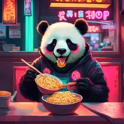 neon panda eats a bowl of ramen at ramen shop