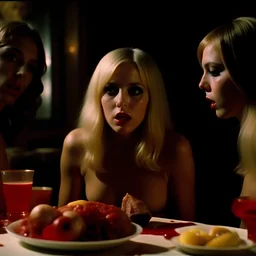 Horror movie shot, hot party, breest, die, ultra realistic, dine, pastel, ultra chaos, fetus, drink, sublime, realistic hot blonde women, pieces of meat, De Chirico, satanism, pieces of organs, light, 1970's Italian horror movie, sinister, ornate, Dario Argento, Stanley Kubrik, 4k, photorealism