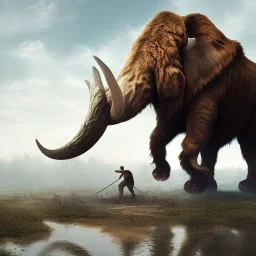 a man riding a wild moolly mammoth hyper realistic