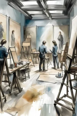 Sketch of a painting studio with easels of oil paintings where people are painting from a live model