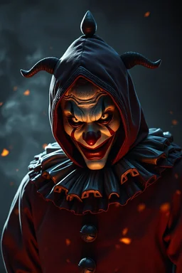 A sad hooded clown , scales, unreal engine 6, high detail, intricate, cinematic. photoshoot style, intricate, studio lighting, Fire, smoke, masterpiece , highly detailed, 8k, best quality, dramatic,d,<lora:mshn:0.7>,<lyco:Warrior_Couture:0.5>,