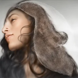 dibujo en grafito hiper realista de rostro mujer 35 años pelo negro suelto labios definidos, de frente tres cuartos perfil