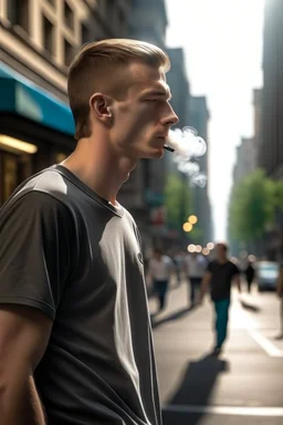 A 25-year-old boy in a men's sports tee is walking in the city, thinking with his head down, smoking a cigarette, and possessing the power of a god