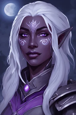 Dungeons and Dragons portrait of the face of a young adult drow rogue blessed by eilistraee. She has purple eyes, pale armor, white hair, and is surrounded by moonlight