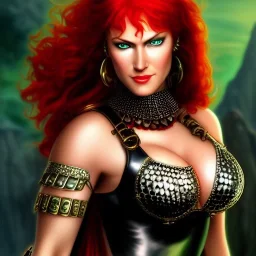 ultra detailed fullbody portrait of Red Sonja, wearing skintight Black costume, extremely detailed digital painting, intrincate, extremely detailed smiling face,crystal clear Big Green eyes, in the style of Adam Hughes , mystical colors , perfectly centered image, perfect composition, rim light, beautiful lighting,8k, stunning scene, raytracing