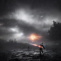 Heavy rain. Epic Lighting in the night sky. Knight with magic scroll in hand. Falling meteorite from the sky. Meteorite burning in the distance. Dark black mud.