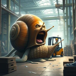 A giant snail in a factory sliming around and are in the way for every worker, a man in Atlet forklift screaming and are angry at the snail