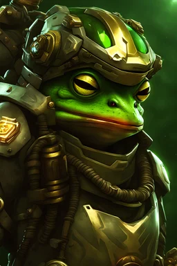 Frog Green Soldier Portrait Glow big red eye Gold Armor warrior Robotic lightning Gun Silver Smoke Dust 16k details epic rare future water nice weapon laser