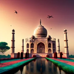 The Taj Mahal, Hindistan, sunset, fantasy art, flying birds, springs, waterfall