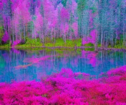 magic pink forest with purple and pink trees, pink and blue and yellow flowers and beautiful fairies around a turquoise lake, a blue sky and sunlight