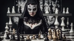 MASKED WOMAN WITH MYSTERIOUS EYES IN A TIGHT BLACK PERIOD COSTUME WITH WHITE LACE RIBBONS, IN FRONT OF A CHESS TABLE WHOSE PIECES ARE STRANGE BIOMORPHOIC CREATURES, CLOSE-UP ON A FOOT DARK BACKGROUND