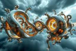 Dynamic complex hypnotic fractal 3D Symmetrical structures with mirrors twisting and morphing between organic and geometric forms , smooth translucent iridescent glass with inner glow and bubbles, varied transparent materials, stormy skies, intense dramatic