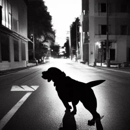 At midnight, a big and brutal dog is barking at strangers in the street. Some cars are passing on the road.