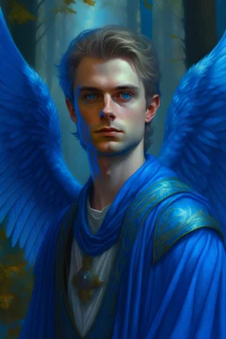 portrait of a celestial male archangel with characteristic clothing, in a forest with blue backgrounds realistic style