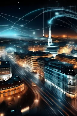 Futuristic city during Christmas with elements of Reykjavik and Zurich and Lisbon